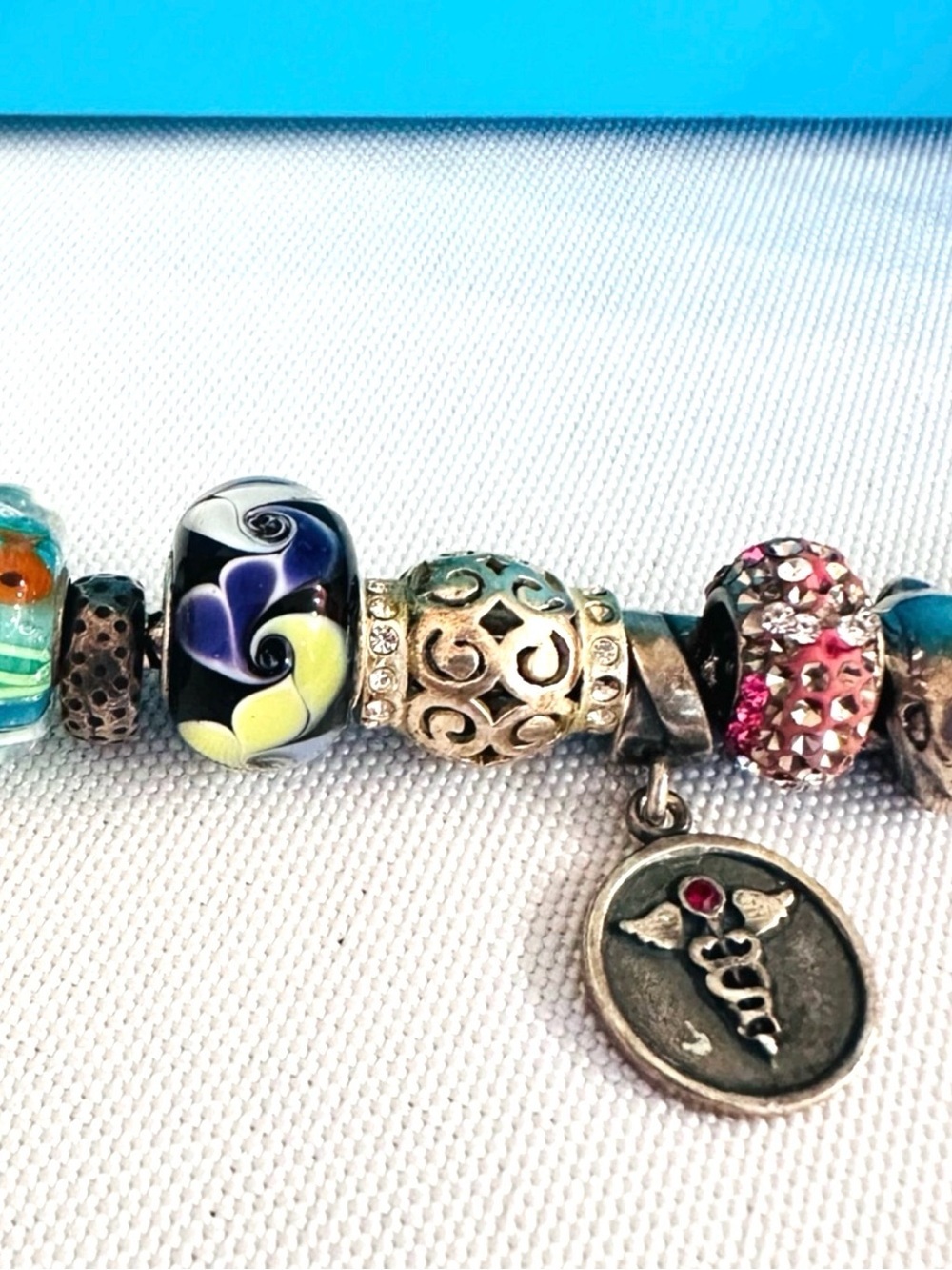PANDORA ~ Sterling Silver Charm Bracelet w/Multi-Color Glass & Pink Ribbon Charm